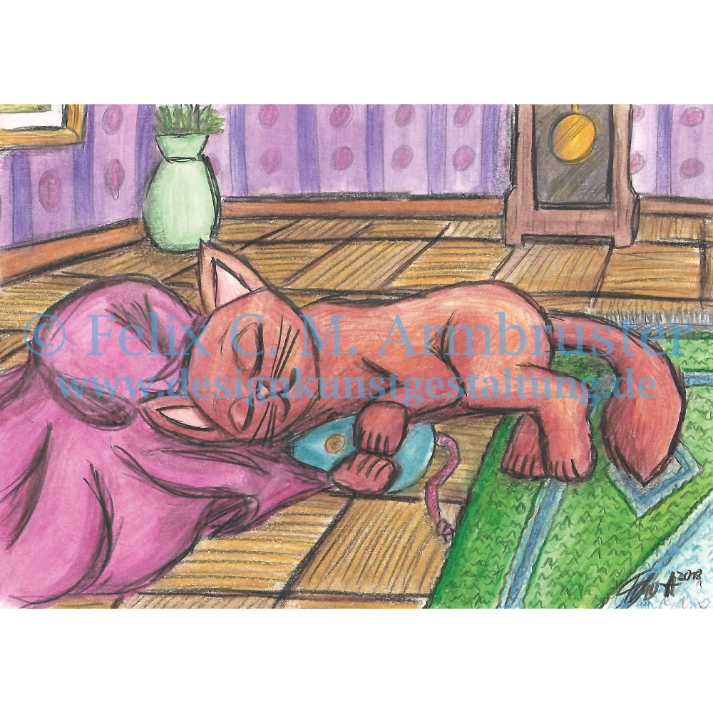 Buch-Illustration mit Aquarellfarbstiften - Katze schläft
